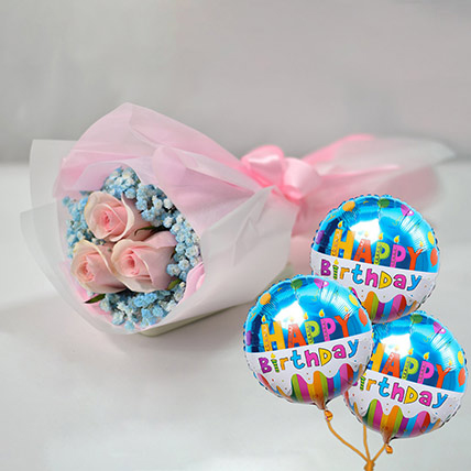 Online Lovely Pink Rose Baby Breath Bouquet With Balloons Gift Delivery In Singapore Ferns N Petals